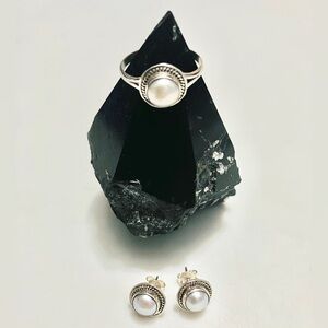 Sterling Silver Pearl Earrings and Ring Set